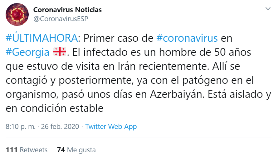 CoronaVirus: Primer caso en Georgia según las fuentes.